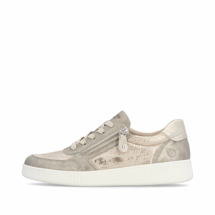 Goldene vegane remonte Damen Sneaker D2E05-60 mit einem Reißverschluss. Schuh Außenseite.
