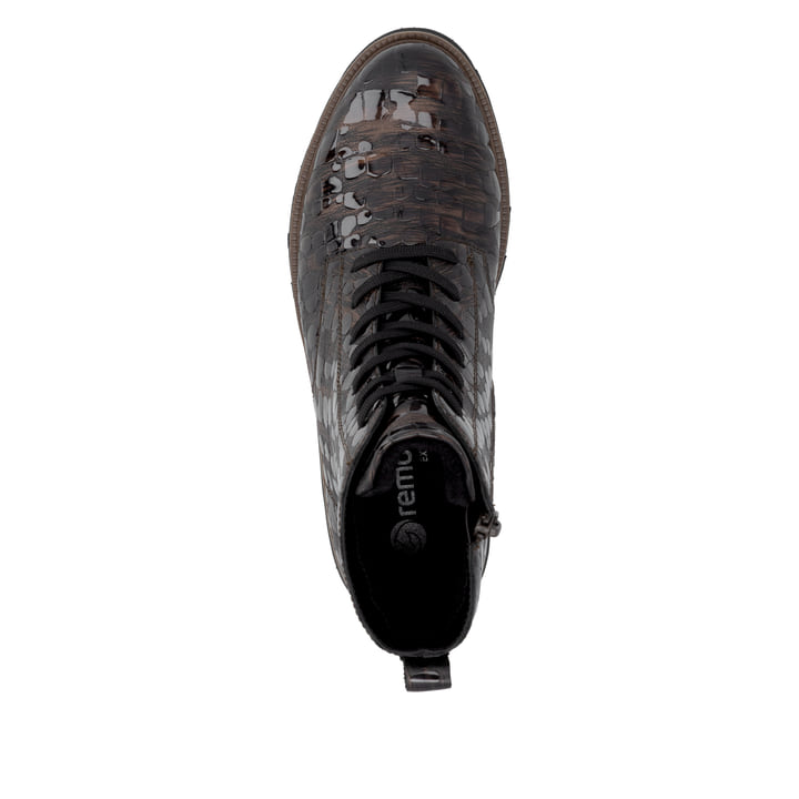 Dunkelbraune remonte Damen Schnürstiefel D3S72-25 mit einem Reißverschluss. Schuh von oben.