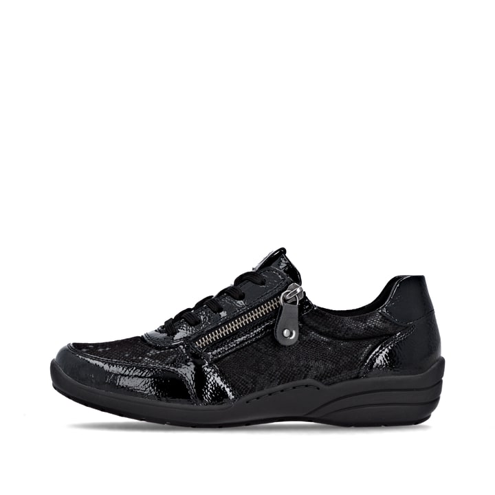 Baskets basses remonte noires pour femme R7637-04 avec fermeture éclair. Côté extérieur de la chaussure.
