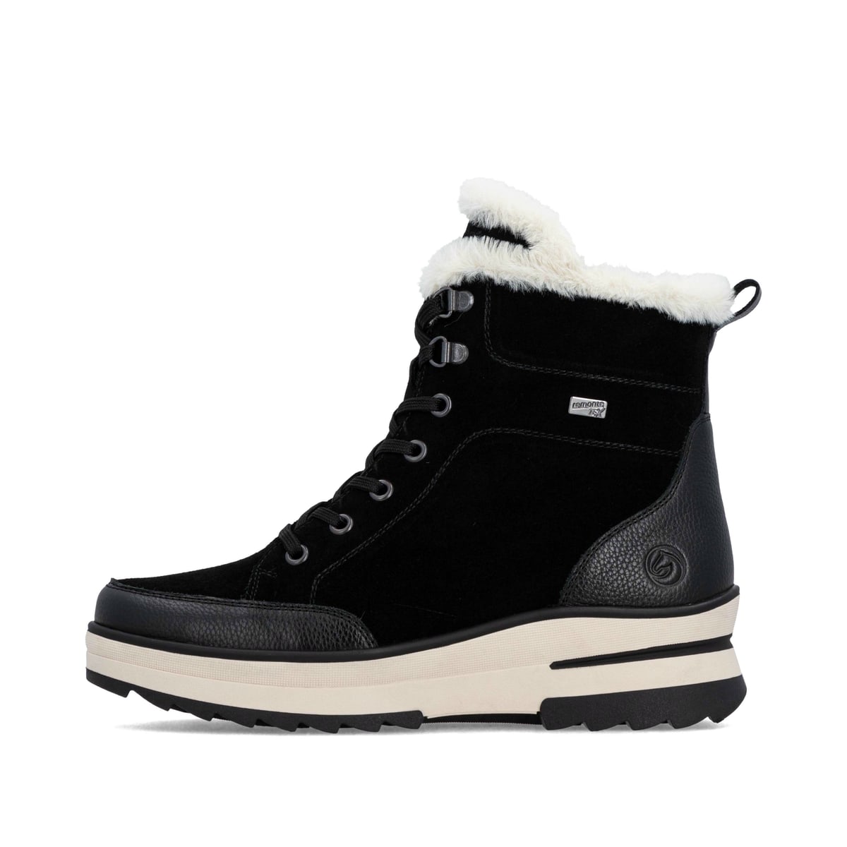 Schwarze remonte Damen Schnürstiefel D2B76-03 mit griffiger Glass-Fibre Sohle. Schuh Außenseite.