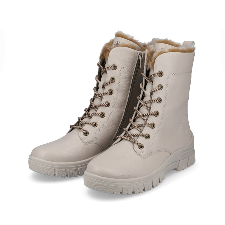 Hellbeige remonte Damen Schnürstiefel D0E72-60 mit Schnürung und Reißverschluss. Schuhpaar schräg.