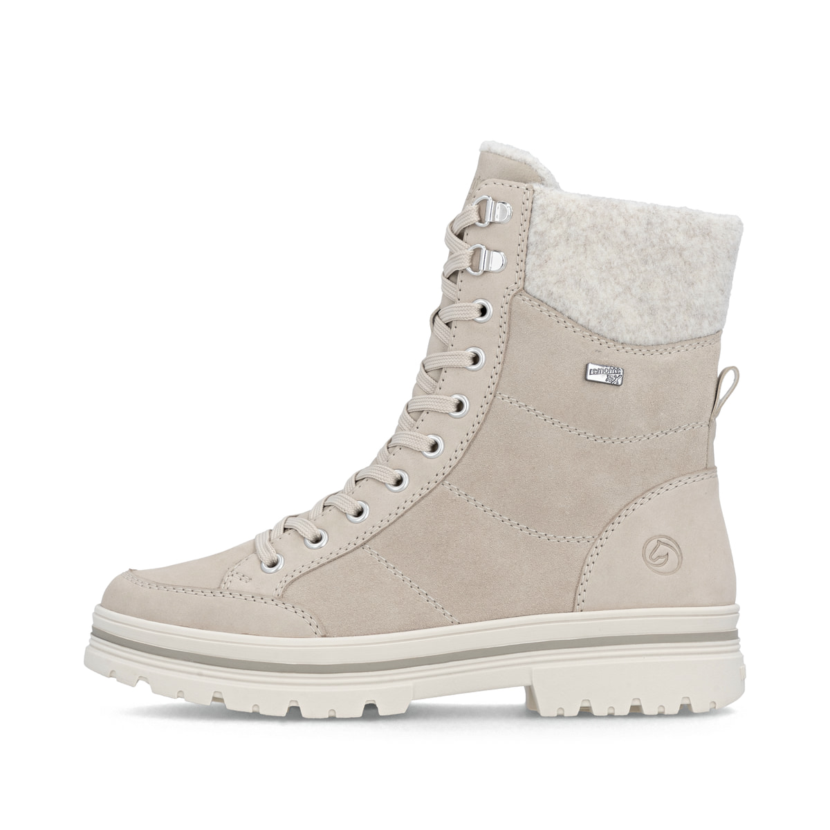 Beige remonte Damen Schnürstiefel D2U70-62 mit griffiger Glass-Fibre Sohle. Schuh Außenseite.