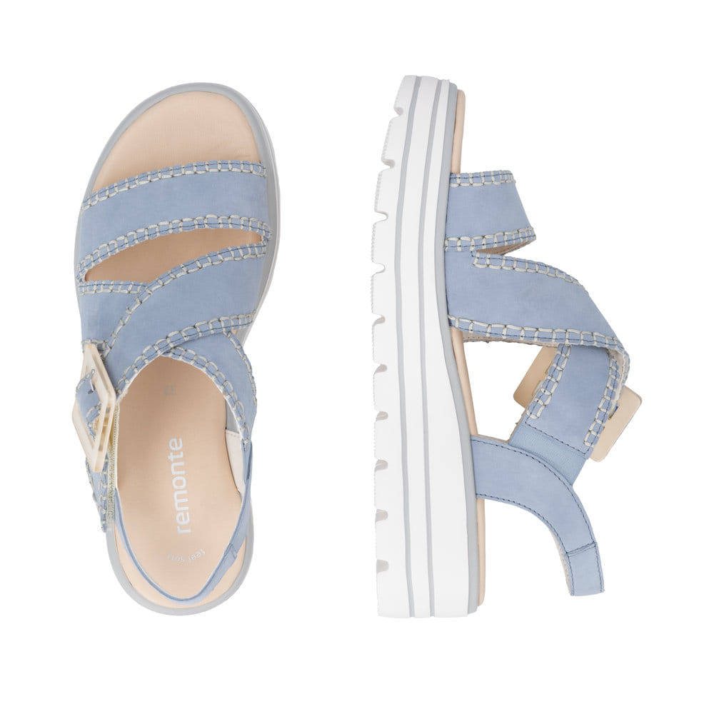 Sandales compensées remonte bleues femme D3N51-10 avec boucle tendance. Chaussure vue de dessus, couchée.