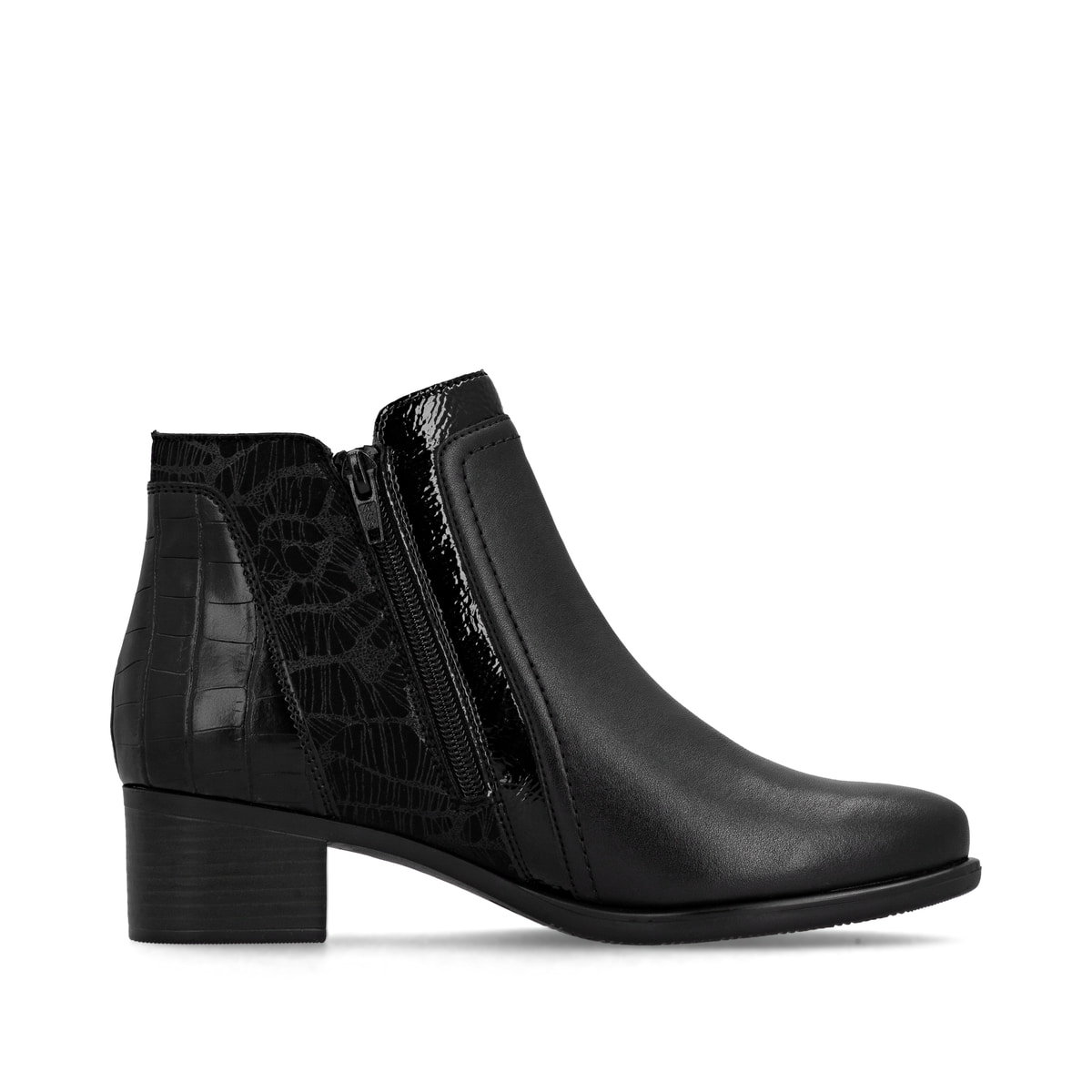 Schwarze remonte Damen Stiefeletten R5172-00 mit einem Reißverschluss. Schuh Innenseite.