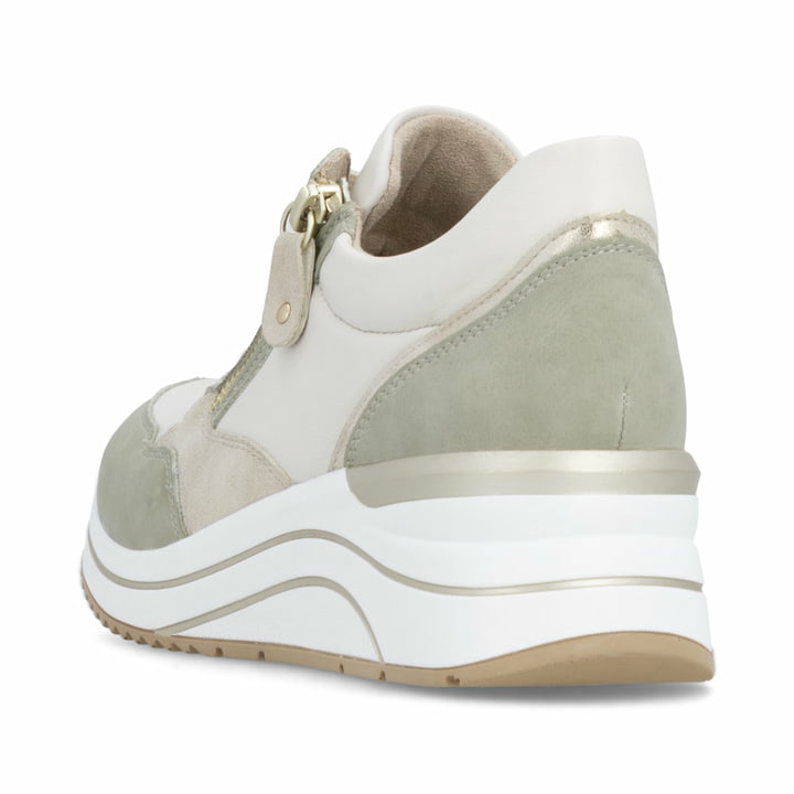 Grünweiße vegane remonte Damen Sneaker D0T01-82 mit einem Reißverschluss. Schuh von hinten.