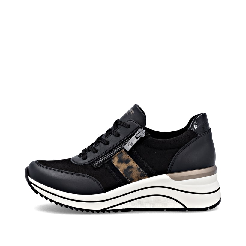 Baskets basses remonte noires pour femme D0T09-04 avec imprimé léopard. Côté extérieur de la chaussure.