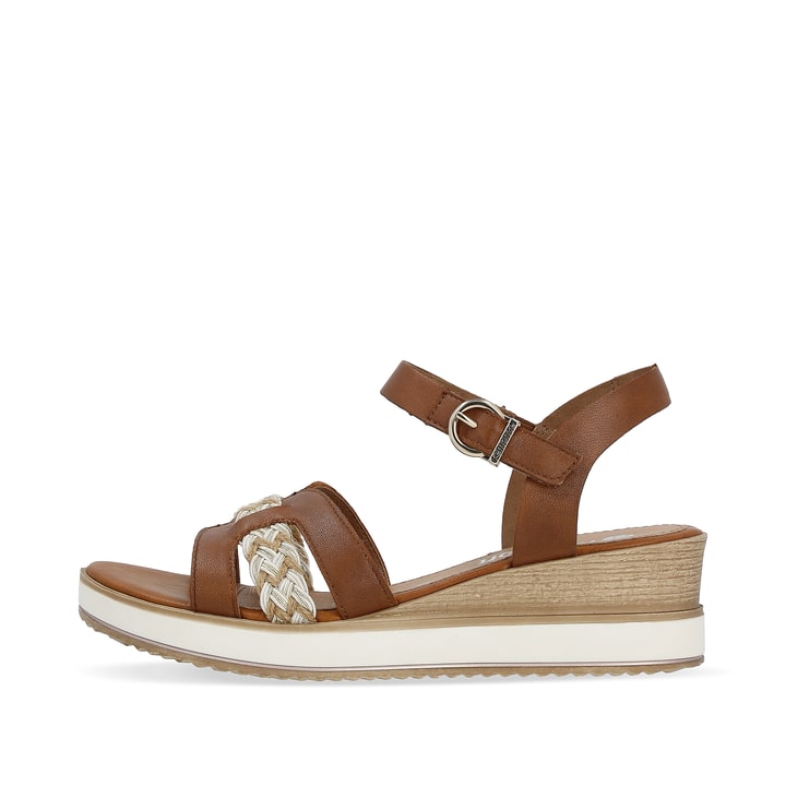 Nussbraune remonte Keilsandaletten D6461-24 mit einem Klettverschluss. Schuh Außenseite.