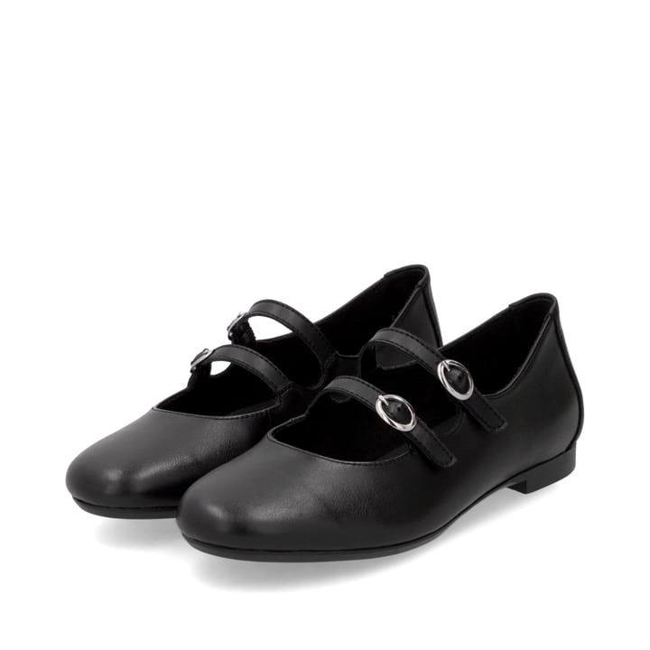 Schwarze remonte Damen Loafer D0K11-00 mit einer Schnalle. Schuhpaar seitlich schräg.