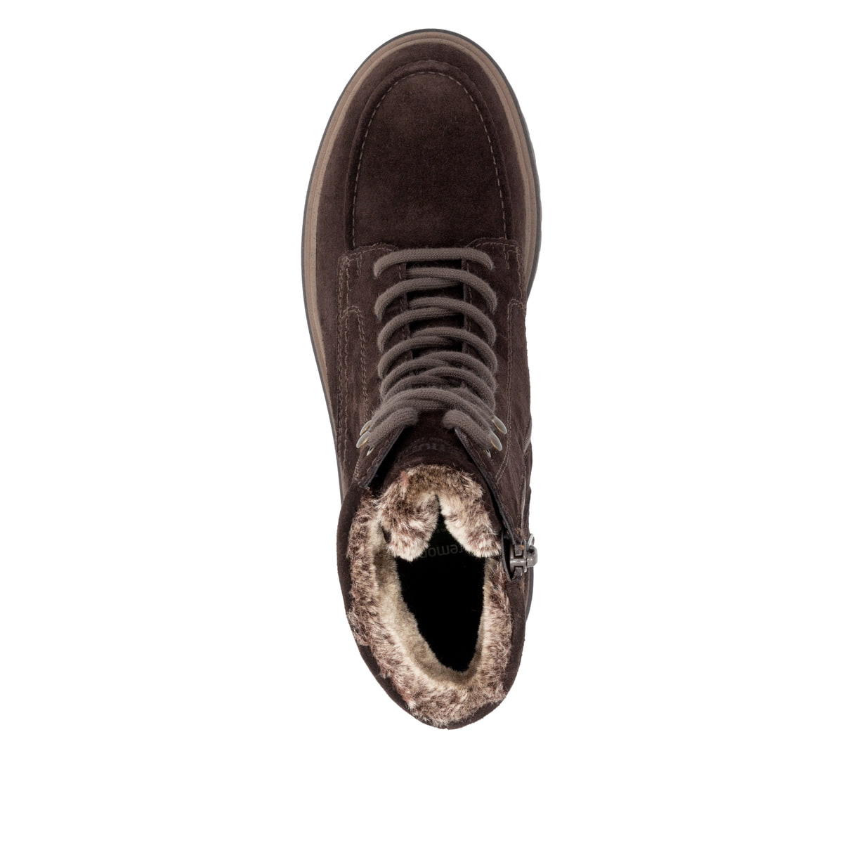 Dunkelbraune remonte Damen Schnürstiefel D4B70-25. Schuh von oben.