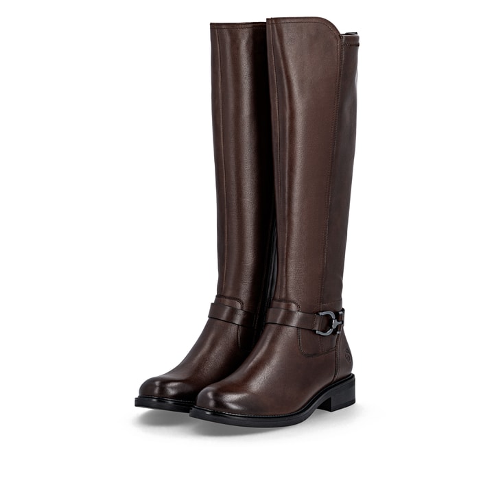 Dunkelbraune remonte Hochschaftstiefel D2W77-25 mit einem Reißverschluss. Schuhpaar seitlich schräg.