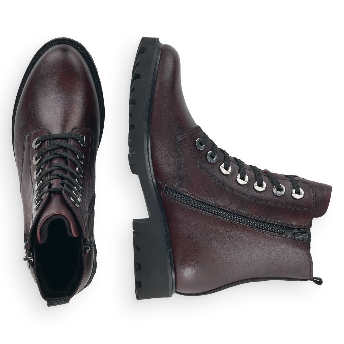 Dunkellilane remonte Damen Schnürstiefel D8671-35 mit markanten Ösen. Schuh von oben, liegend.