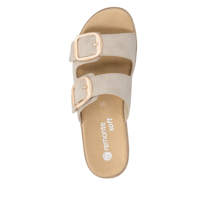 Beige remonte Damen Pantoletten D0Q66-62 mit trendiger Schnalle. Schuh von oben.