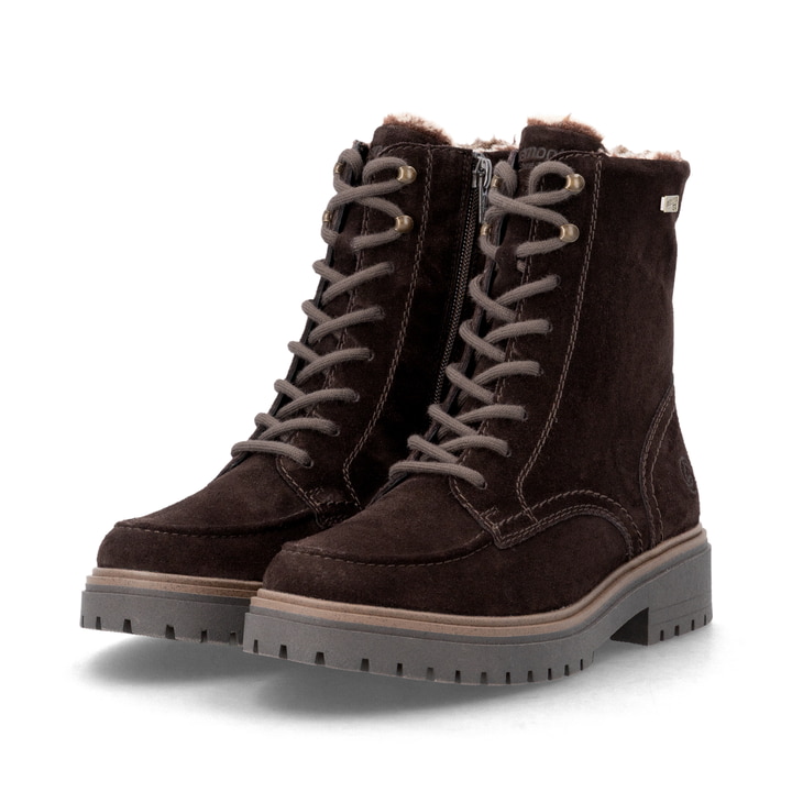 Dunkelbraune remonte Damen Schnürstiefel D4B70-25. Schuhpaar seitlich schräg.