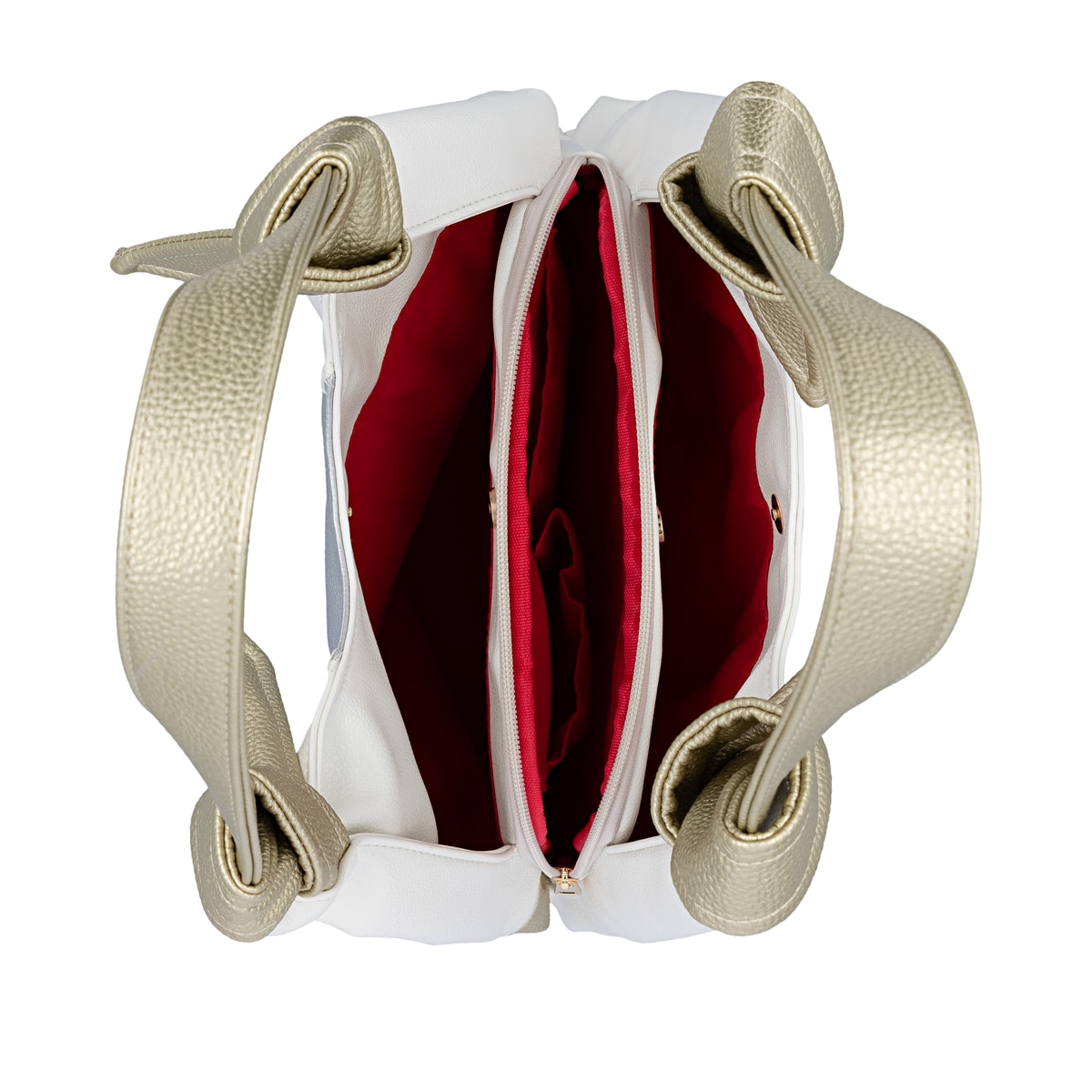 Sac à main remonte Q0720-82 blanc avec effets métalliques et fermeture éclair. Ouvert.