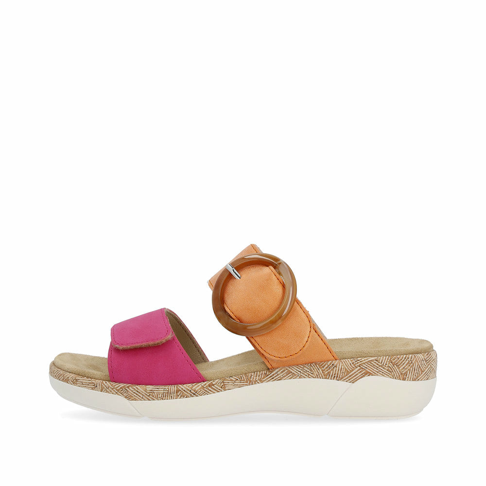 Orangene remonte Damen Pantoletten R6858-38 mit einem Klettverschluss. Schuh Außenseite.