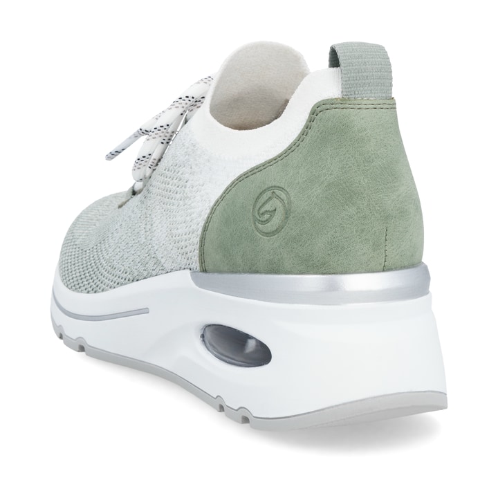 Grüne remonte Damen Slipper D2H04-52 mit einem Gummizug sowie der Extraweite H. Schuh von hinten.