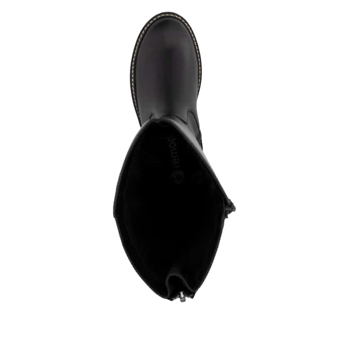 Asphaltschwarze remonte Damen Hochschaftstiefel D0B72-01 mit einer Profilsohle. Schuh von oben