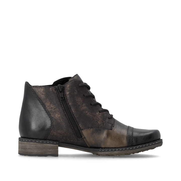 Bronze-dunkelbraune remonte Damen Schnürstiefel D4378-91 mit auffälligem Muster. Schuh Innenseite.