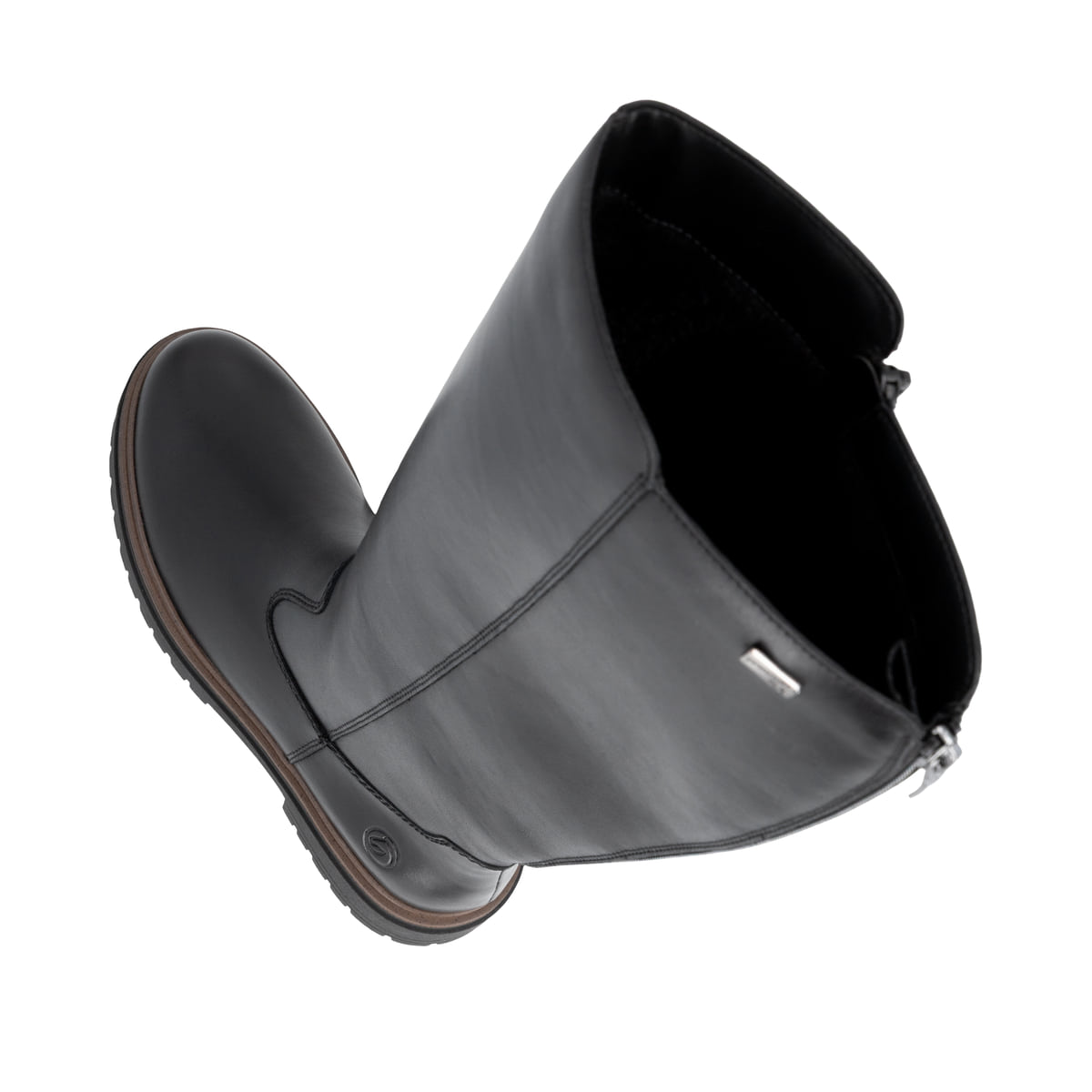 Schwarze remonte Hochschaftstiefel D4B71-00 mit wasserabweisender TEX-Membran. Schuh von oben, liegend.