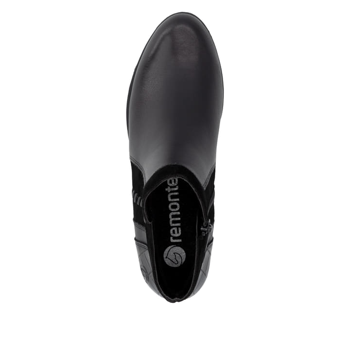 Stahlschwarze remonte Damen Stiefeletten D6893-02 mit stylischer Dekonaht. Schuh Laufsohle.
