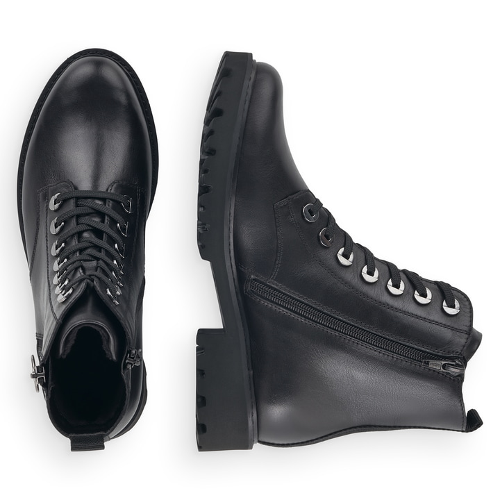 Schwarze remonte Damen Schnürstiefel D8671-01 mit einem Reißverschluss. Schuh von oben, liegend.