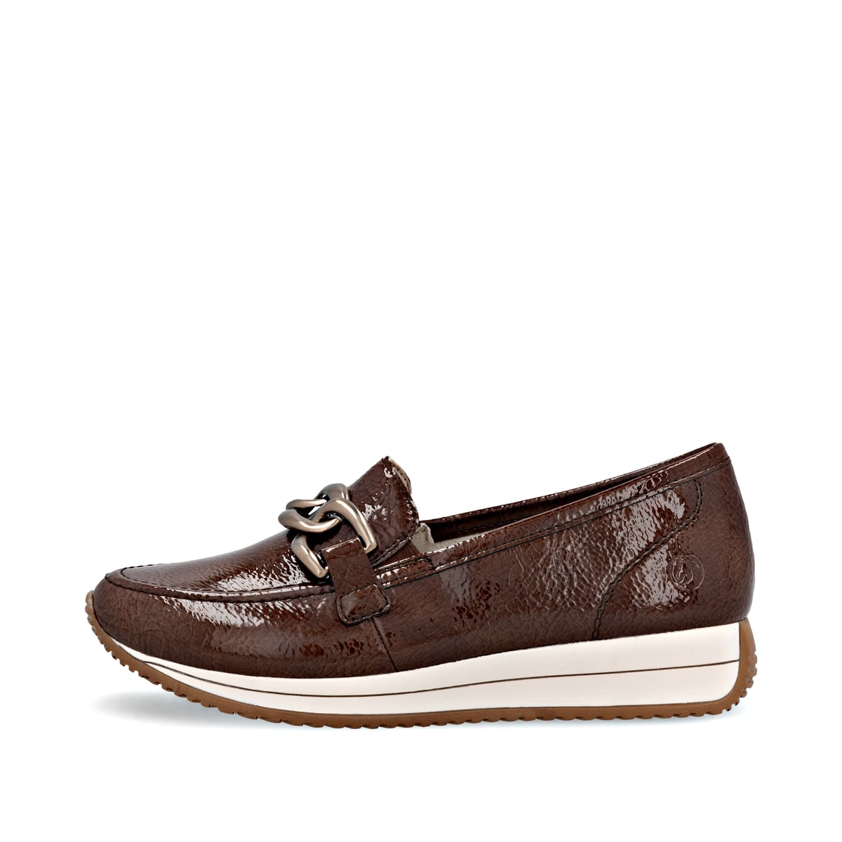 Braune remonte Damen Loafer D0H15-25 mit Deko-Kette sowie einem Gummizug. Schuh Außenseite.