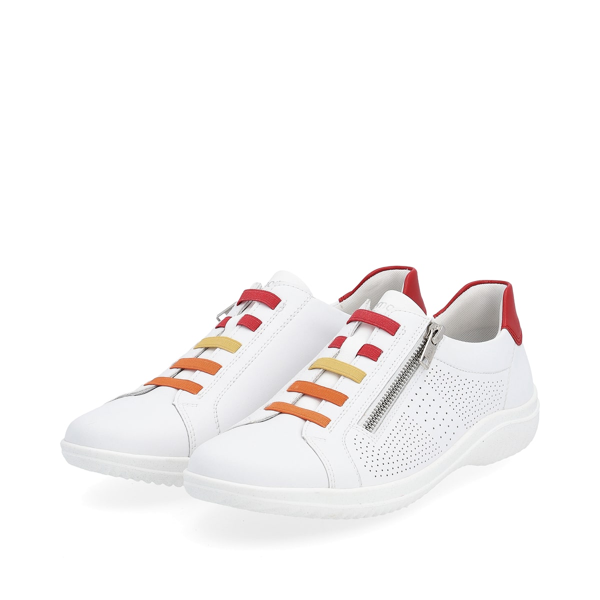 Lilienweiße remonte Damen Schnürschuhe D1E02-80 mit einem Reißverschluss. Schuhpaar seitlich schräg.