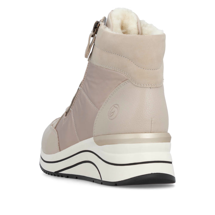 
Sandbeige remonte Damen Schnürstiefel D0T72-60 mit Schnürung und Reißverschluss. Schuh von hinten