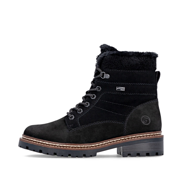 Schwarze remonte Damen Schnürstiefel D0B81-00 mit wasserabweisender TEX-Membran. Schuh Außenseite.