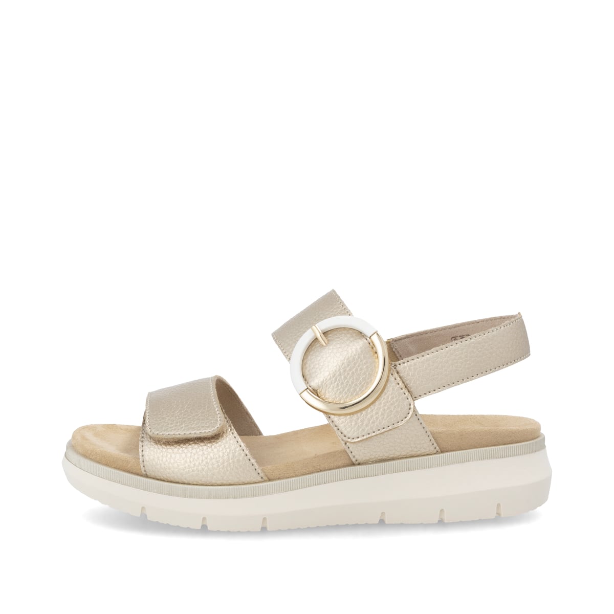 Goldene remonte Keilsandaletten D2K50-90 mit einem Klettverschluss. Schuh Außenseite.