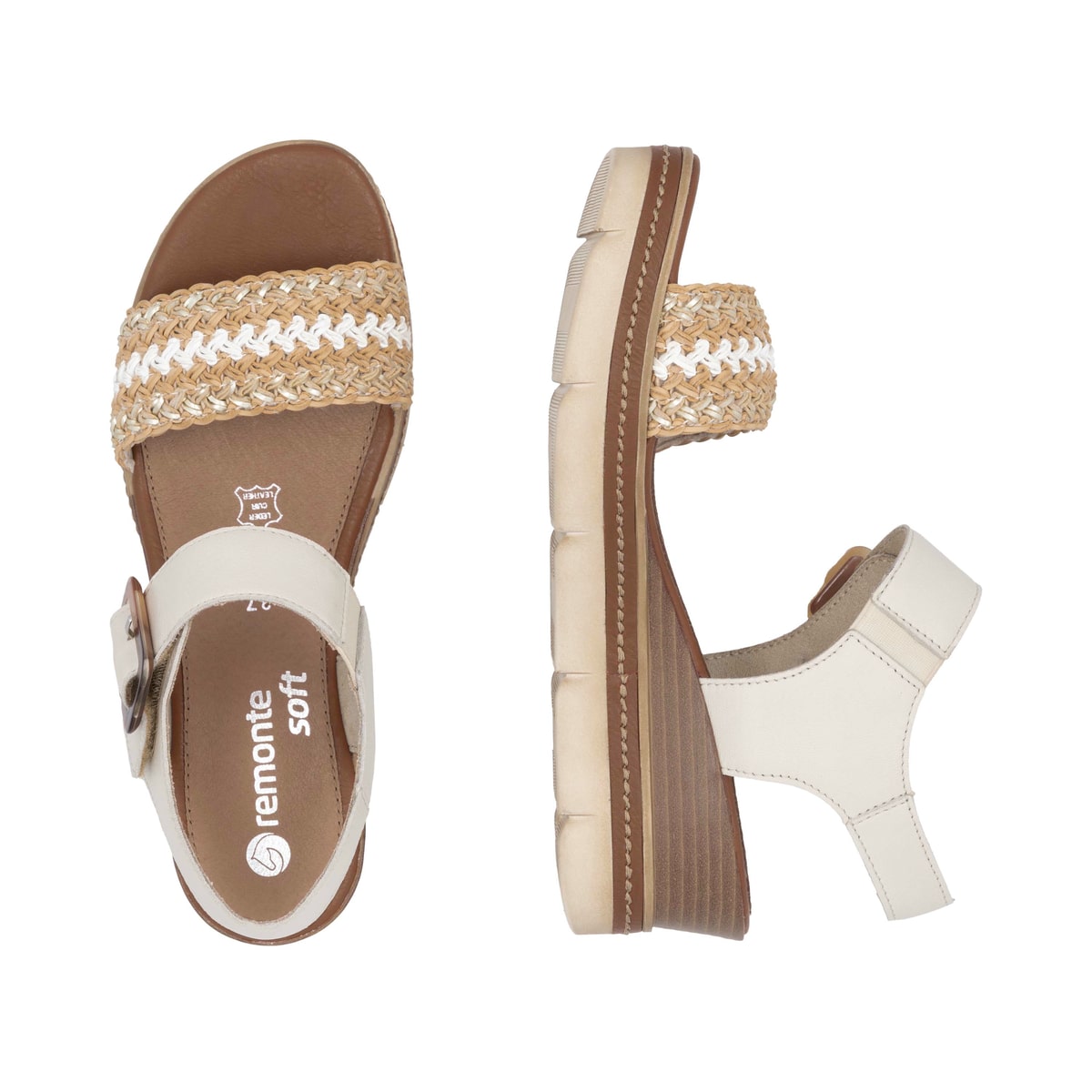 Beige remonte Keilsandaletten D2L55-60 mit einem Klettverschluss. Schuh von oben, liegend.