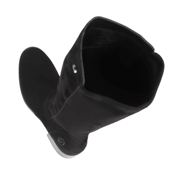 Bottes cuissardes remonte noires femmes D3U70-00 avec fermeture éclair. Chaussure vue de dessus, couchée.