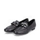 Schwarze remonte Damen Loafer D0K00-00 mit einem Gummizug. Schuhpaar seitlich schräg.