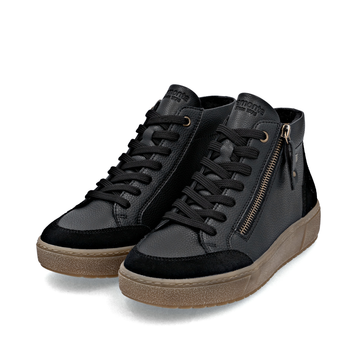 Schwarze remonte Damen Kurzstiefel D2T71-00 mit wasserabweisender TEX-Membran. Schuhpaar seitlich schräg.