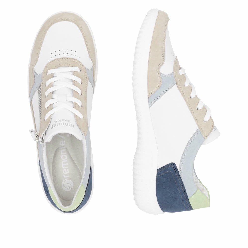 Weiße remonte Damen Schnürschuhe D1E06-81 mit einem Reißverschluss. Schuh von oben, liegend.