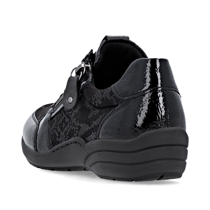 Baskets basses remonte noires pour femme R7637-04 avec fermeture éclair. Chaussure vue de dessus.