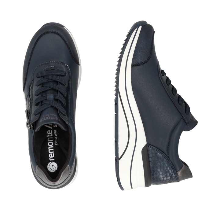 Vegane, dunkelblau-silberne remonte Damen Sneaker D0T09-14 mit Reißverschluss. Schuh von oben, liegend.