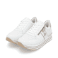 Weiße remonte Damen Sneaker Low D1327-81 mit Reißverschluss sowie Komfortweite G. Schuhpaar seitlich schräg.
