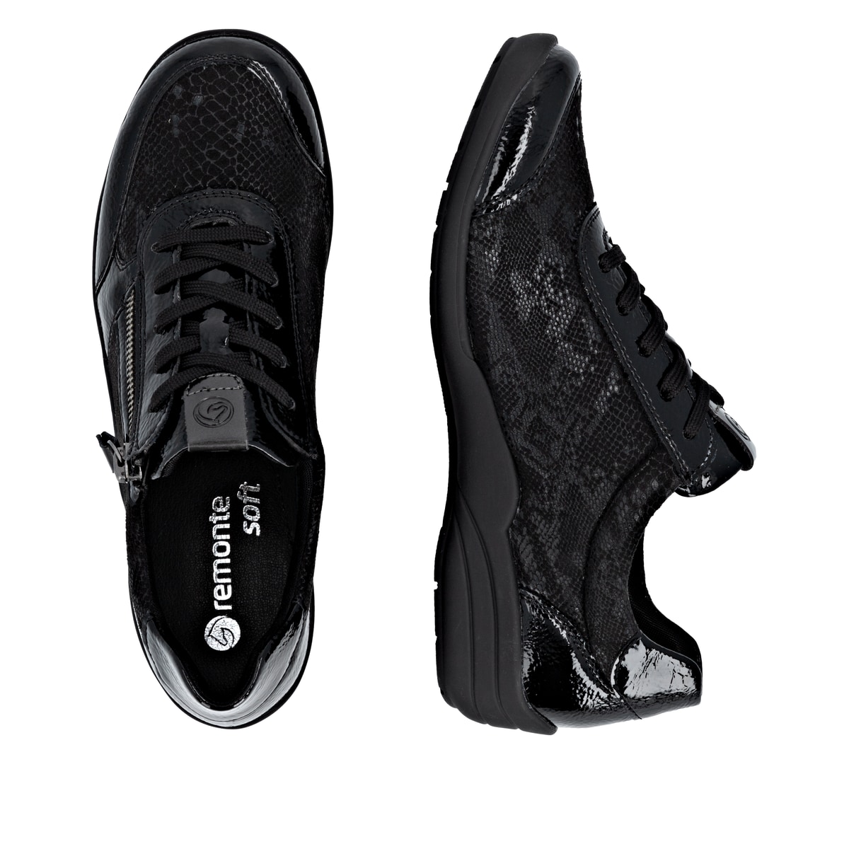 Schwarze remonte Damen Sneaker R7637-04 mit Reißverschluss sowie Extraweite H. Schuh von oben, liegend.
