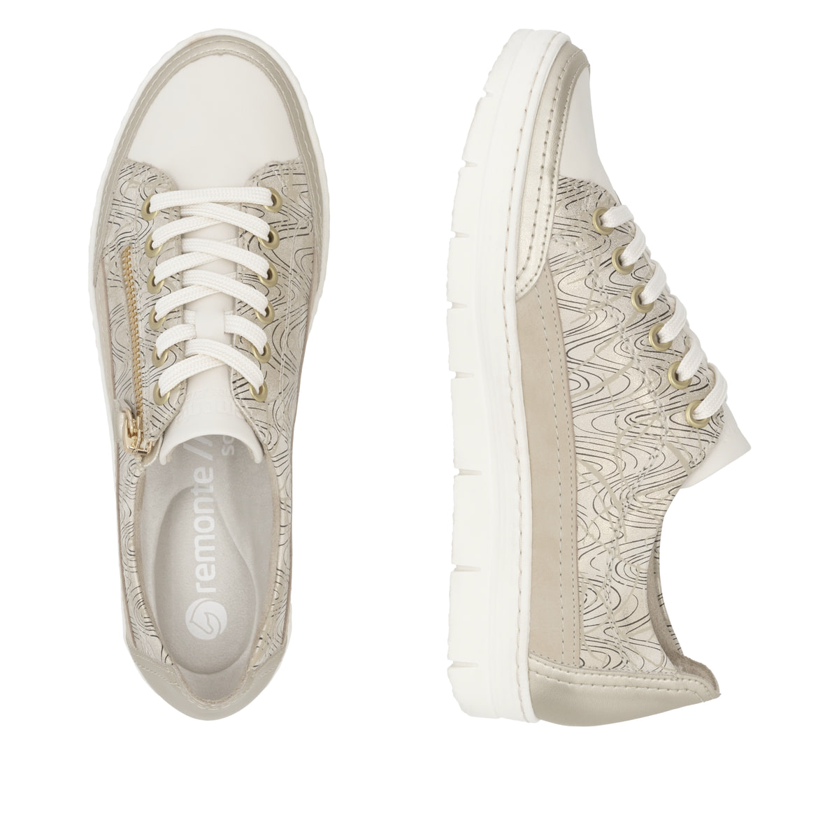Goldene remonte Damen Sneaker Low D5826-91 mit einem Reißverschluss. Schuh von oben, liegend.