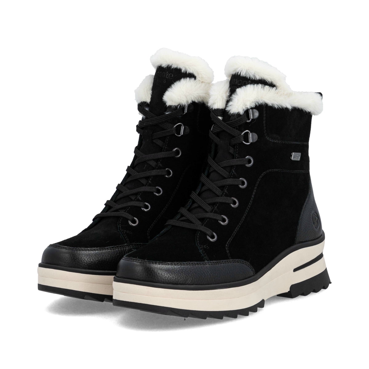 Schwarze remonte Damen Schnürstiefel D2B76-03 mit griffiger Glass-Fibre Sohle. Schuhpaar seitlich schräg.