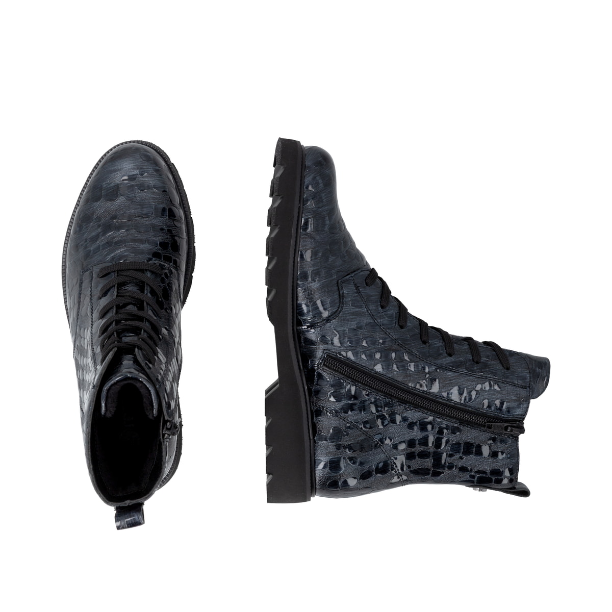 Dunkelblaue remonte Damen Schnürstiefel D3S72-14 mit einem Reißverschluss. Schuh von oben, liegend.