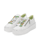 Weiße remonte Damen Sneaker Low D1C06-80 mit Reißverschluss sowie Komfortweite G. Schuhpaar seitlich schräg.