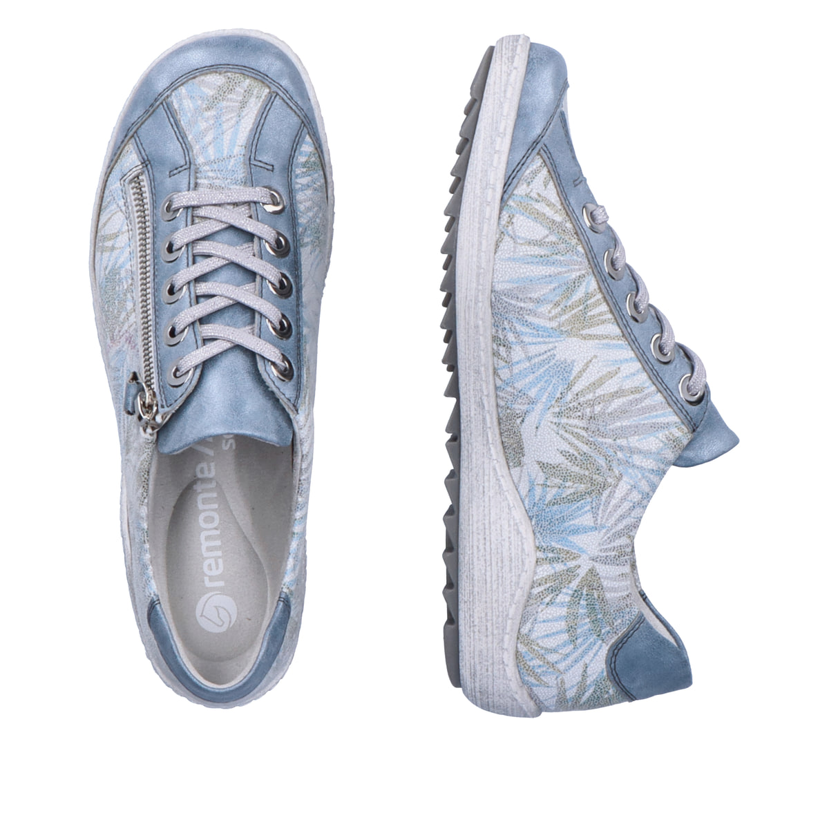 
Himmelblaue remonte Damen Schnürschuhe R1402-11 mit einer dämpfenden Profilsohle. Schuhpaar von oben.