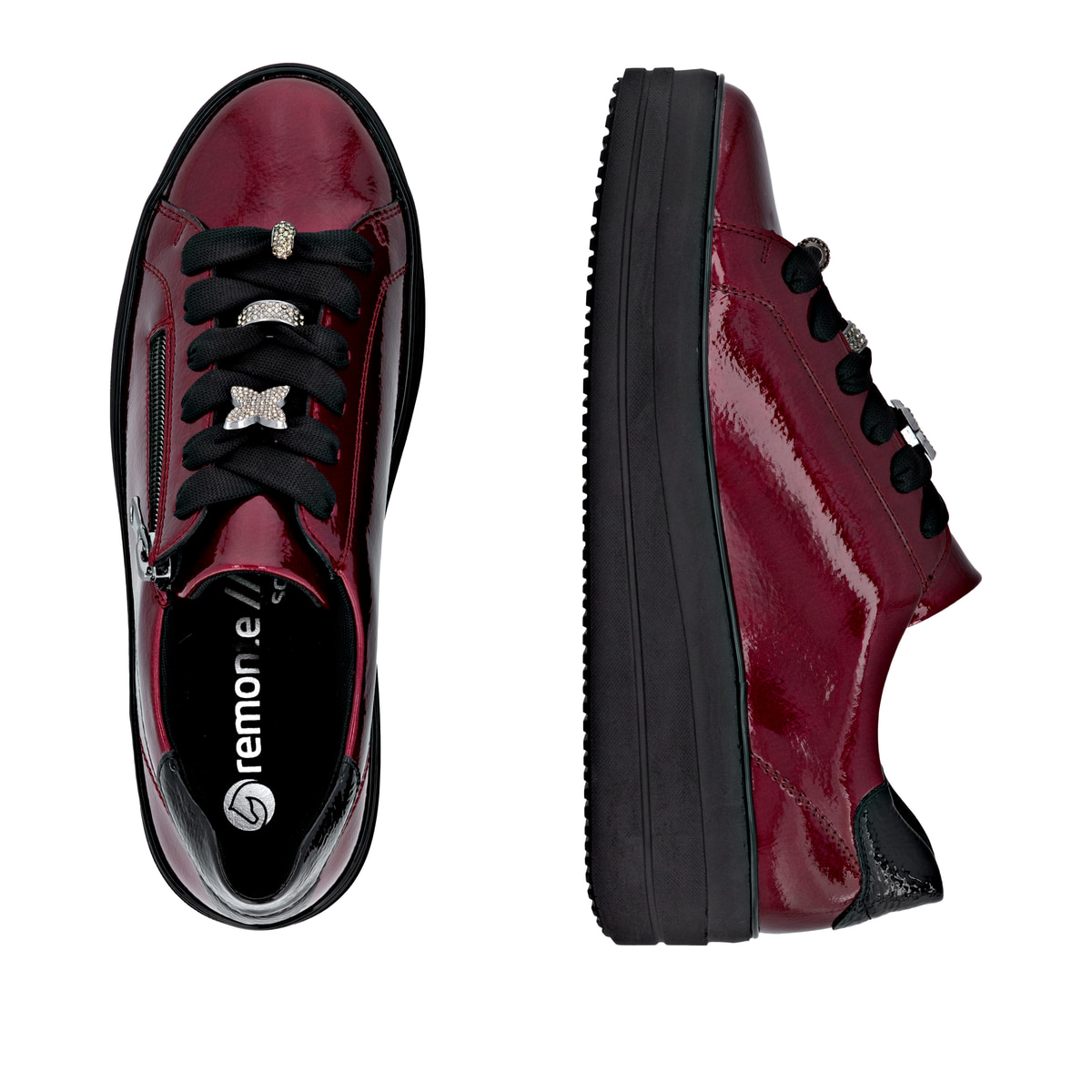 Rote remonte Damen Sneaker D1C09-35 mit dekorativem Schmuckdetail. Schuh von oben, liegend.