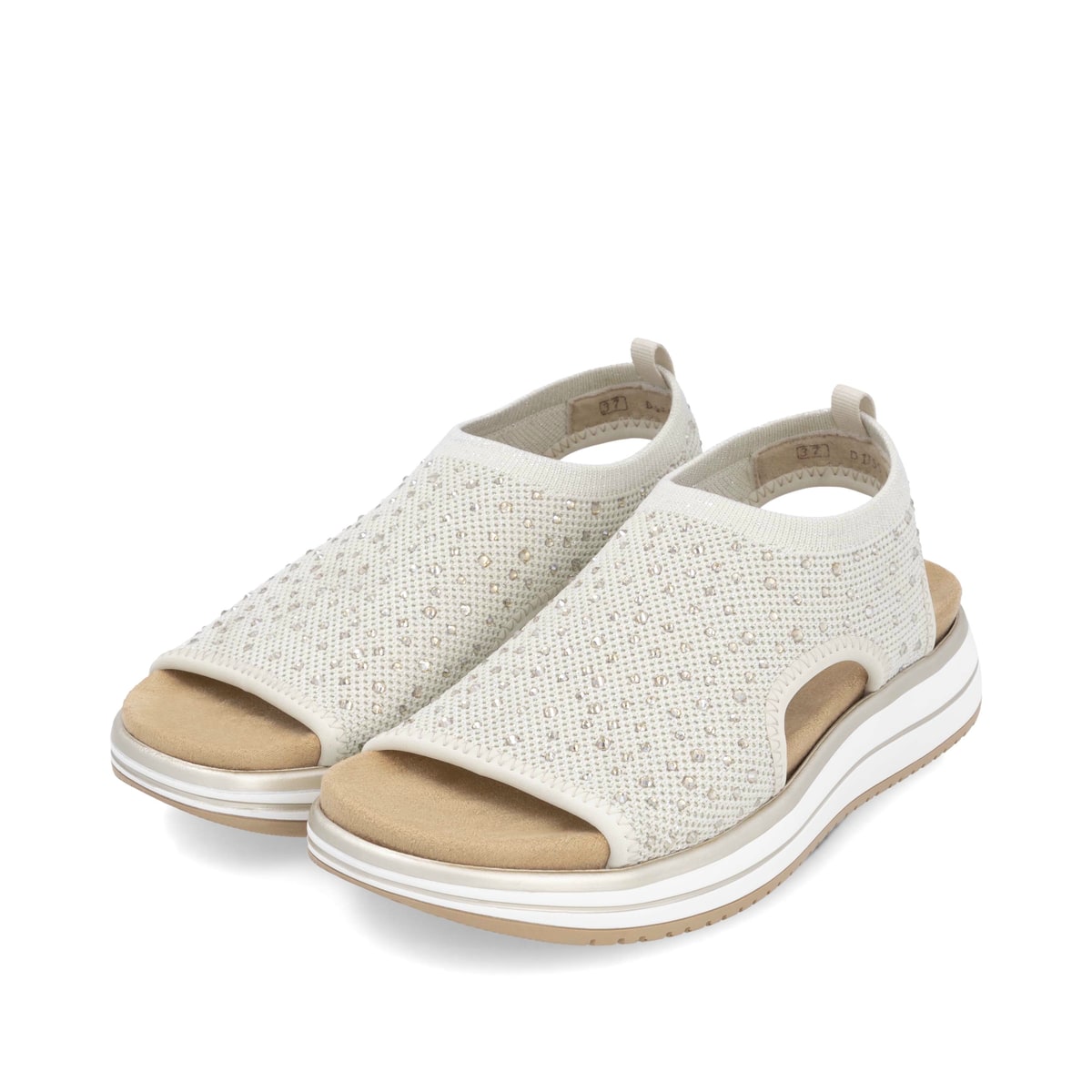 Beige remonte Riemchensandalen D1J55-60 mit Gummizug sowie weicher Einlegesohle. Schuhpaar seitlich schräg.