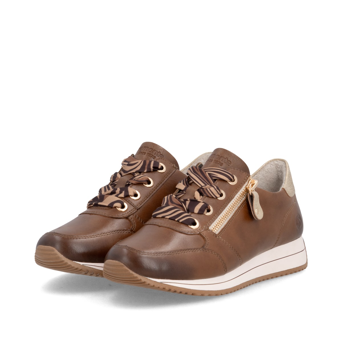 Baskets basses remonte marron pour femme D0H11-25 avec fermeture éclair. Chaussures inclinées sur le côté.