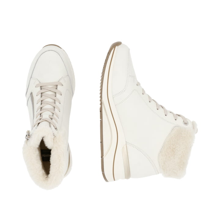 Weiße remonte Damen Schnürstiefel D0T77-80 mit wasserabweisender TEX-Membran. Schuh von oben, liegend.