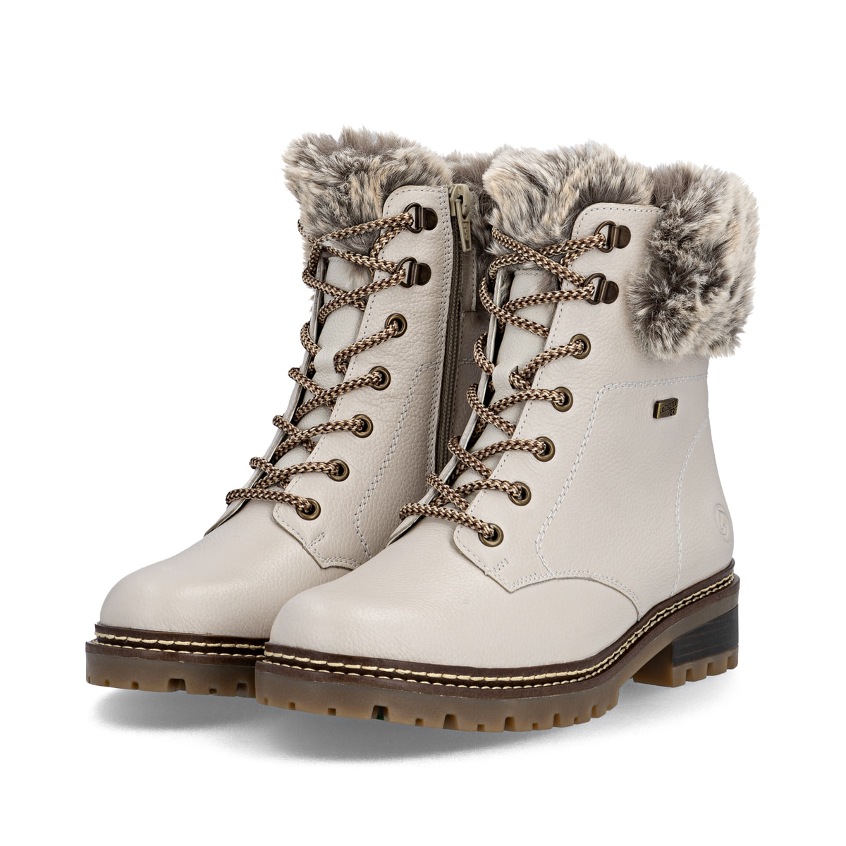 Weiße remonte Damen Schnürstiefel D0B74-80 mit wasserabweisender TEX-Membran. Schuhpaar seitlich schräg.