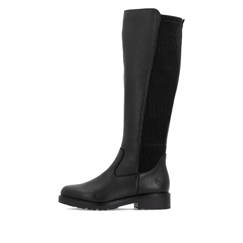 Schwarze remonte Hochschaftstiefel R6594-00 mit einem Reißverschluss. Schuh Außenseite.